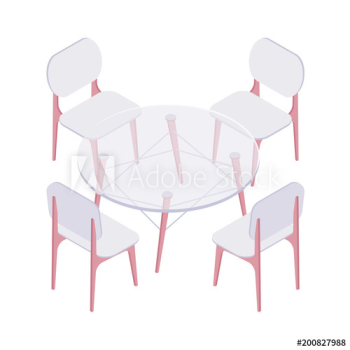 Isometric four plastic chairs and transparent round table isolated on white background
