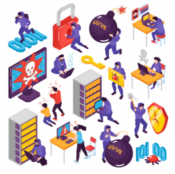 Isometric hacker set with isolated conceptual images with pictogram icons images of computer peripherals and people vector illustration Free Vector