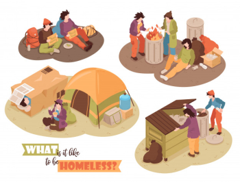 Isometric homeless people design concept with human characters waste bins and camp tents images with text vector illustration Free Vector
