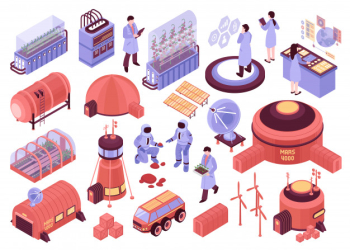Isometric mars colonization set of images with base station buildings people characters and scientific facilities Free Vector