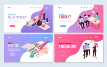 Isometric notary services horizontal banners collection with clickable links buttons and images of people and documents Free Vector