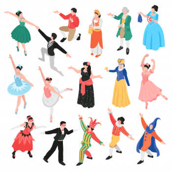 Isometric opera ballet theatre set with isolated human characters of theatrical actors and dancers in costumes Free Vector