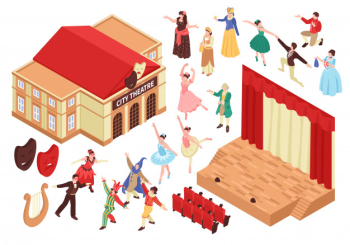 Isometric opera theatre set with isolated s of theater building stage seats and characters of entertainers Free Vector