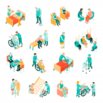 Isometric set of elderly people in different situations and medical staff in nursing home isolated Free Vector