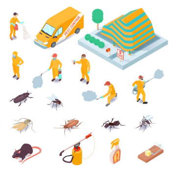 Isometric set of icons with pest control service specialists their equipment insects and rodents 3d isolated Free Vector