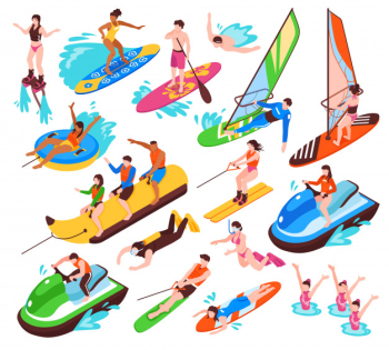Isometric set of summer water active recreation so as banana boat surfing windsurfing jet skiing flyboarding isolated Free Vector