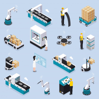 Isometric smart industry icon set with robotics tools and equipment service workers and scientists vector illustration Free Vector