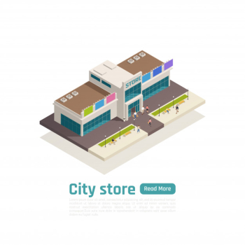 Isometric store mall shopping center composition banner with green button and big isolated shopping mall vector illustration Free Vector