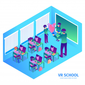Isometric virtual reality composition with text and indoor view of futuristic classroom with teacher and kids vector illustration Free Vector