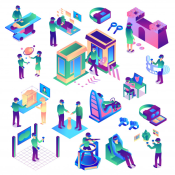 Isometric virtual reality set of colorful isolated images representing various human activities related to augmented reality vector illustration Free Vector