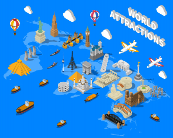 Isometric world famous landmarks map poster Free Vector