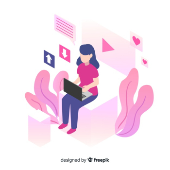 Isometric young girl using technological devices background Free Vector