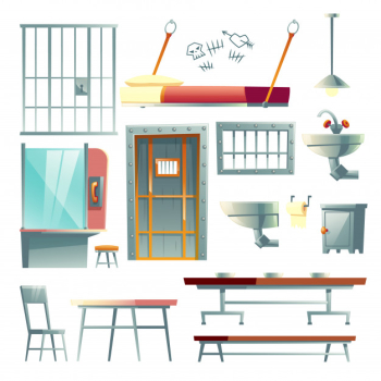 Jail cell, prison dining and visiting room furniture, interior design elements cartoon Free Vector