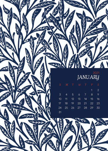 January 2021 printable calendar with William Morris blue floral pattern January 2021 printable calendar with William Morris blue floral pattern