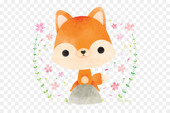 Japanese Red fox Rabbit Illustration - Hand-painted watercolor cute fox. 