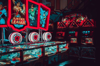 Justice League themed arcade room Justice League themed arcade room