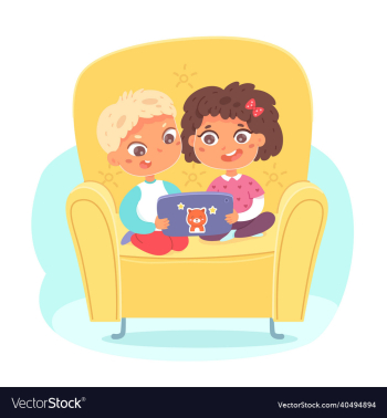 Kids sitting with tablet little boy and girl vector image on VectorStock