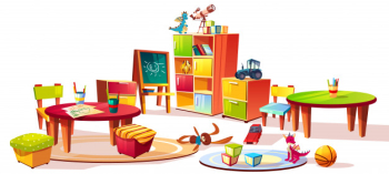 Kindergarten interior furniture illustration of preschool kid room drawers for toys