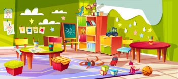 Kindergarten or kid room interior illustration. empty cartoon background with child toys Free Vector