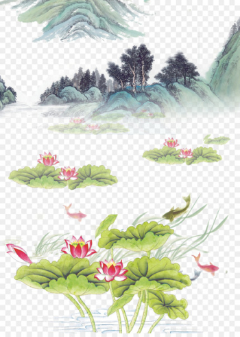 Koi Shan shui Ink wash painting Fukei - Lotus Carp Mountain Ink 