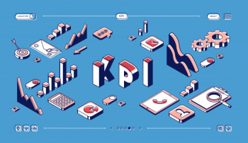 Kpi key performance indicators isometric landing page, business strategy and analysis on blue halftone. Free Vector