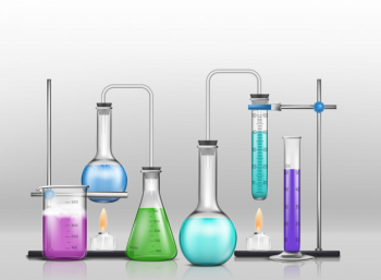 Lab graduated glassware filled with different color reagents, lab flasks connected with test tubes Free Vector