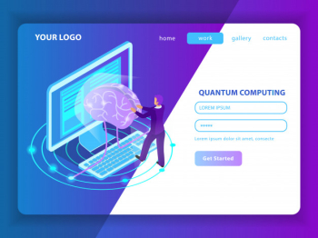 Landing page mockup for deep learning of information  in field of artificial intelligence and quantum computing isometric Free Vector