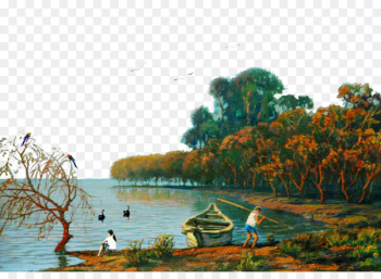 Landscape painting - Creative background painting riverside fishing 