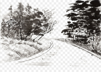 Landscape painting Ink wash painting Wallpaper - Ink Village Village Road 