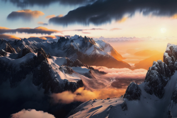 Landscape scene of snowy mountains with foggy sunset sky on the horizon Landscape scene of snowy mountains with foggy sunset sky on the horizon