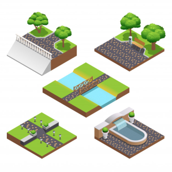 Landscaping isometric compositions with summer trees Landscaping isometric compositions with summer trees