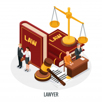 Law justice isometric composition with small people characters books of law gavel and golden weight vector illustration Free Vector