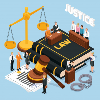 Law justice jury trial legal court proceedings isometric composition with gavel balance defendant judge police  illustration Free Vector