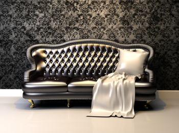 Leather sofa in interior with decoration wallpaper
