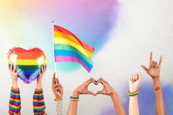 LGBTQ+ pride celebration  with hand and crowd… | Free stock illustration | High Resolution graphic