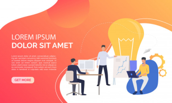 Light bulb and company staff working in office and sample text Free Vector