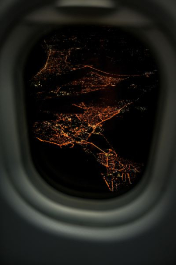 lighted city airplane view