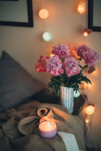 Lighted Tealight Candle Near Pink Carnation Flowers Lighted Tealight Candle Near Pink Carnation Flowers