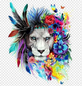 Lion Art Drawing Poster Painting, The Lion King, gray lion with feather and flowers headdress, watercolor Painting, animals, king png