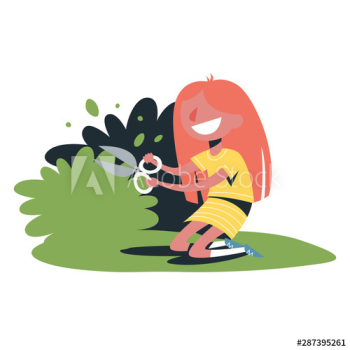 Little child girl cut a green bush Little child girl cut a green bush