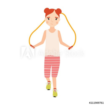 Little happy girl dressed in sportswear with jumping rope isolated on white background