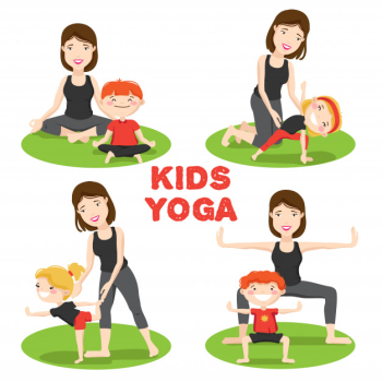 Little kids first yoga asanas poses outdoor on grass with mother cartoon icons