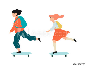 Little school kids riding on the skateboard to the school Little school kids riding on the skateboard to the school
