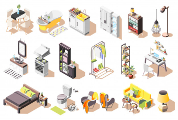 Loft interior icons collection of isolated images with modern style furniture for living rooms and bathroom Free Vector