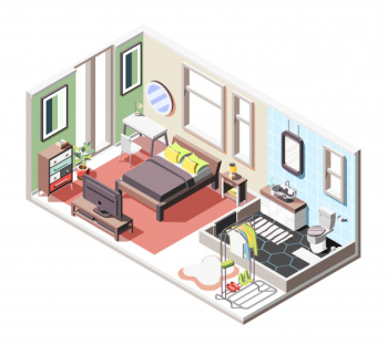 Loft interior isometric composition with indoor view of living room and bathroom with furniture and windows Free Vector
