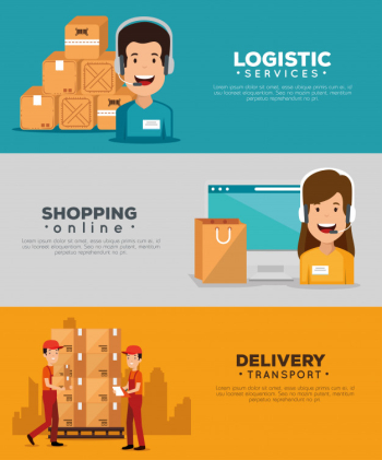 Logistic services with support agent and computer banner set Free Vector Logistic services with support agent and computer banner set Free Vector