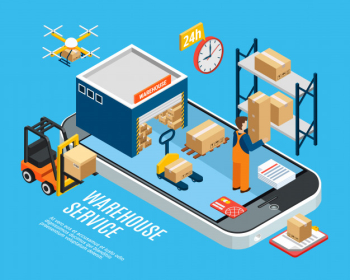 Logistics with warehouse delivery service on blue 3d isometric illustration Free Vector