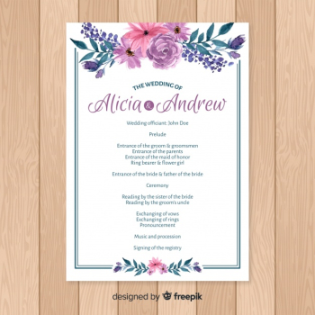 Lovely wedding program with watercolor flowers