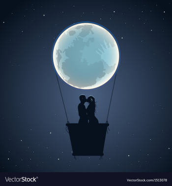 Lovers by hot air balloon in moon form vector image Lovers by hot air balloon in moon form vector image
