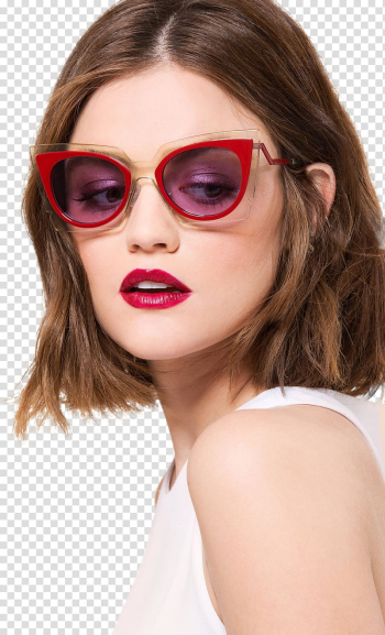 Lucy Hale, woman in white shirt and red framed sunglasses transparent background PNG clipart